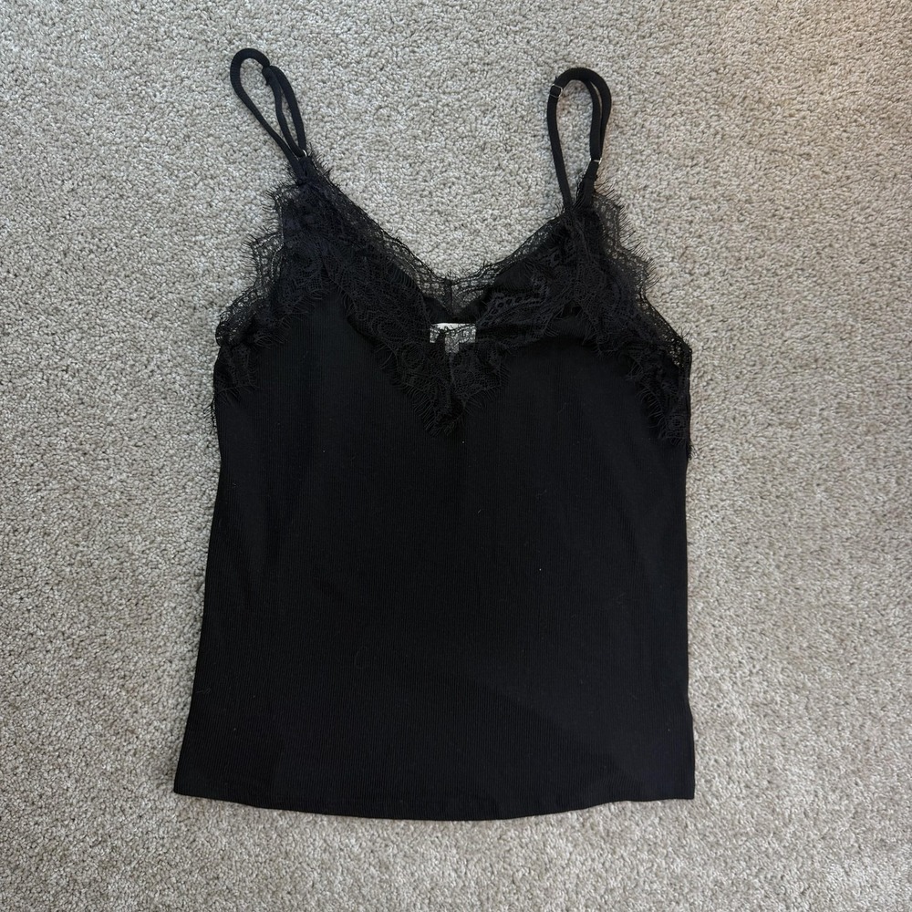 POL Tank Top Womens Large Black Lace Trim Knit Cami Camisole Adjustable Strap
